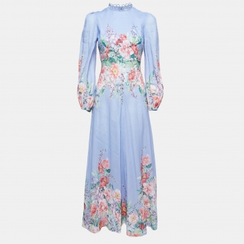 Pre Owned Zimmermann Blue Floral Printed Linen Maxi Dress S
