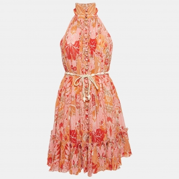 Pre Owned Zimmermann Pink/Coral Floral Printed Georgette Violet Short Halter Dress S   