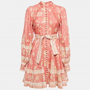 Pre Owned Zimmermann Coral Pink Floral Print Linen Belted Mini Dress M