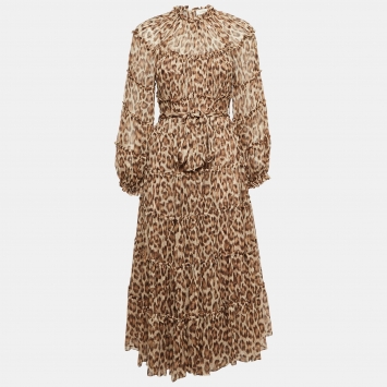 Pre Owned Zimmermann Brown Animal Print Silk Tiered Midi Dress M