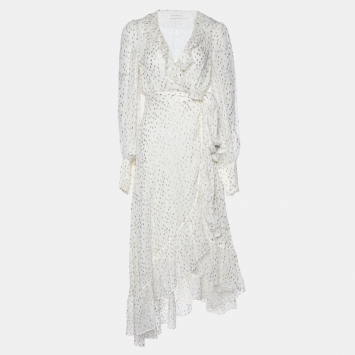 Pre Owned Zimmermann Off-White Silk-Lurex Blend Ruffled Wrap Midi Dress XS