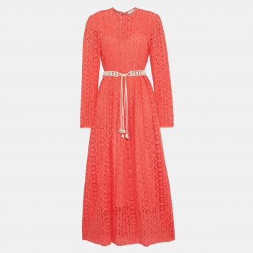 Pre Owned Zimmermann Coral Pink Crochet Shell Belted Maxi Dress M