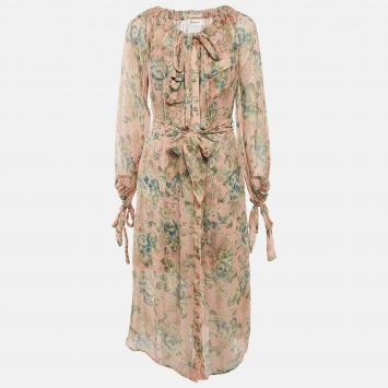 Pre Owned Zimmermann Multicolor Floral Print Silk Button Front Midi Dress S