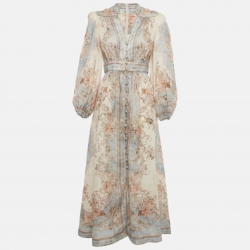 مملوكة مسبقًا Zimmermann Beige /Blue Printed Linen Plunge August Midi Dress M