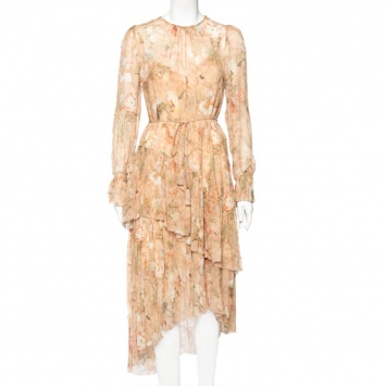 مملوكة مسبقًا Zimmermann Multicolored Floral Printed Silk Tiered Gathered Hem Belted Dress S