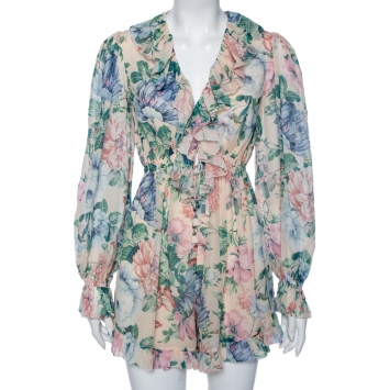 Pre Owned Zimmermann Cream Floral Printed Chiffon Natural Verity Floating Ruffled Jumpsuit XS