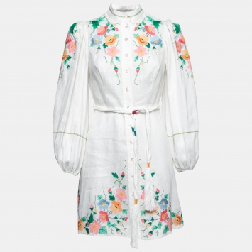 Pre Owned Zimmermann White Embroidered Linen Belted Dress M
