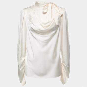 Pre Owned Zimmermann Cream Silk Draped Tie-Neck Blouse L