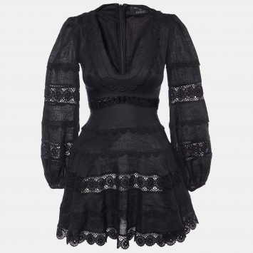 Pre Owned Zimmermann Black Linen & Lace Detail Mini Dress S