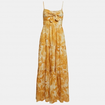 Pre Owned Zimmermann Yellow Floral Print Linen Cut-Out Tie Detail Tiered Midi Dress M