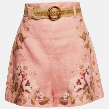 Pre Owned Zimmermann Pink Floral Print Linen Belted Shorts M