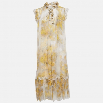 Pre Owned Zimmermann Yellow Floral Print Silk Tie-Up Detail Wild Botanica Midi Dress M