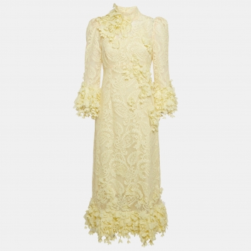Pre Owned Zimmermann Yellow High Tide Applique Lace Midi Dress M