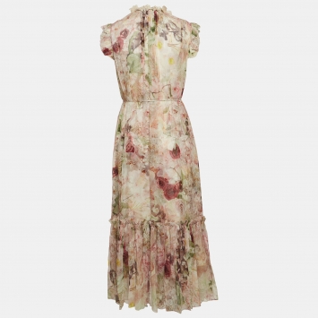 مملوكة مسبقًا Zimmermann Pink Floral Printed Chiffon Silk Flutter Midi Dress M