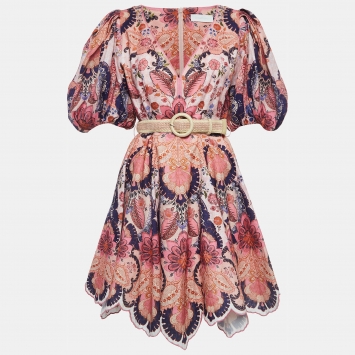 Pre Owned Zimmermann Pink Floral Print Linen Belted Mini Dress L