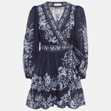 Pre Owned Zimmermann Blue Floral Print Cotton Aliane Wrap Mini Dress M