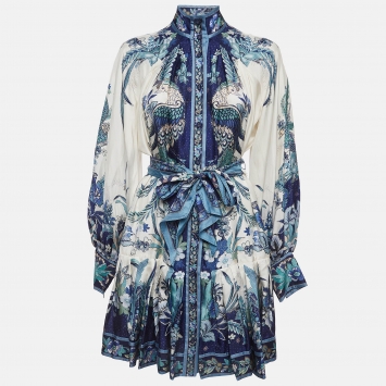 Pre Owned Zimmermann White/Blue Glassy Floral Silk Belted Mini Dress M