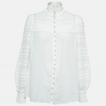 Pre Owned Zimmermann White Dot Print Cotton Lace Trim Buttoned Front Top M