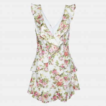 Pre Owned Zimmermann White Watermelon Floral Print Linen Flutter Dress L