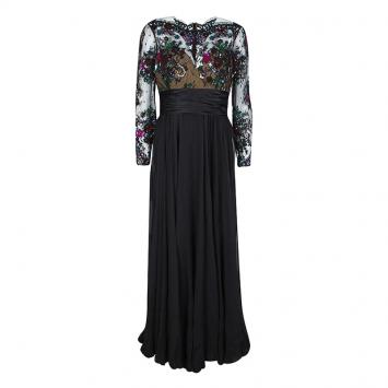 Pre Owned Zuhair Murad Black Lace Embellished Detail Ruched Long Sleeve Gown L