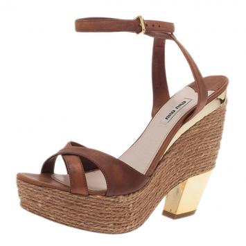 Miu Miu Brown Leather and Jute Strappy Espadrille Wedge Sandals Size 40