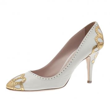 Miu Miu White and Gold Floral Brogue Pumps Size 41