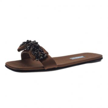 Prada for Harrods Brown Satin Embellished Bow Slides Size 38