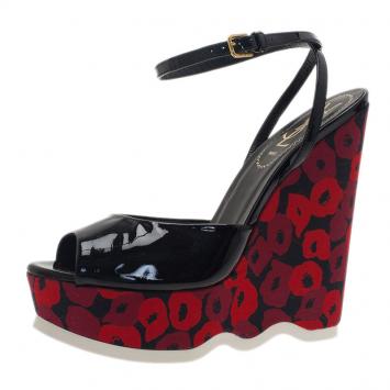 Saint Laurent Paris Black Patent Poppy Lips Ankle Strap Wedges Size 38