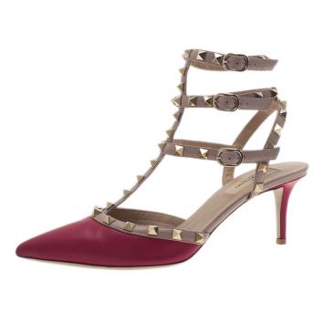 Valentino Pink and Beige Leather Rockstud Sandals Size 39