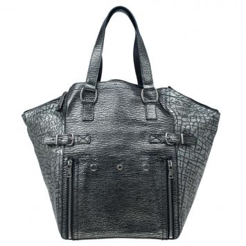 Saint Laurent Paris Metallic Grey Leather Croc Embossed Large Downtown Tote