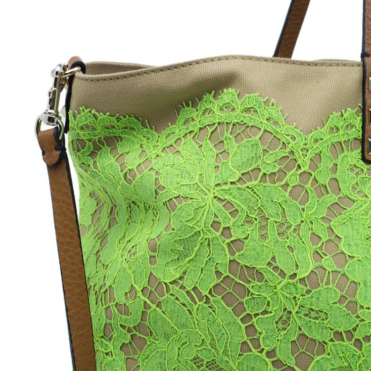 Pre Owned Valentino Lime Green Glamorous Lace Tote Bag