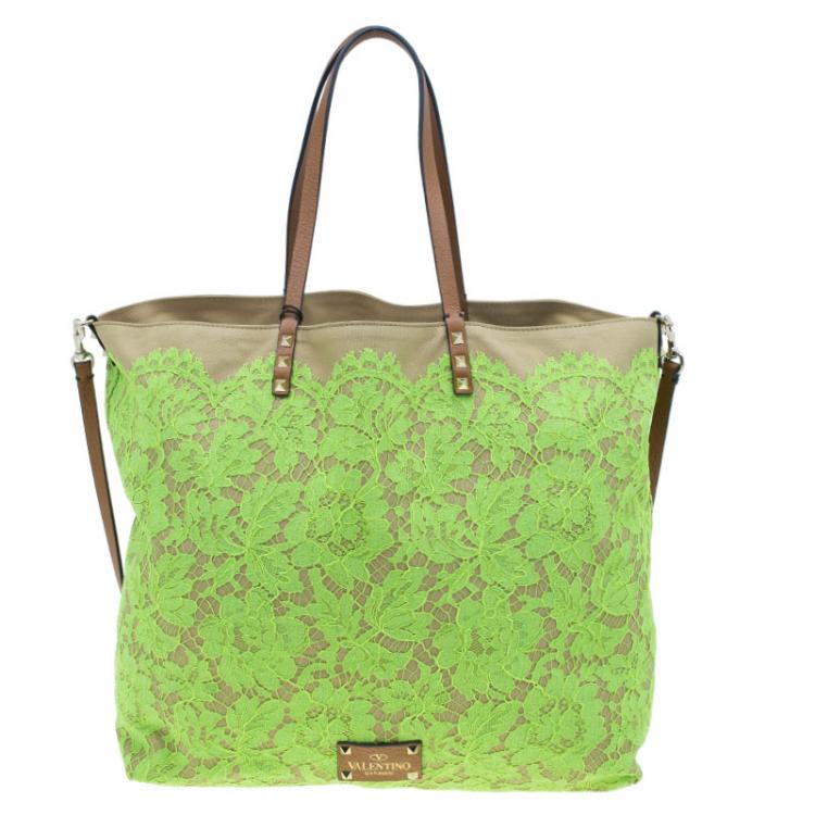 Pre Owned Valentino Lime Green Glamorous Lace Tote Bag
