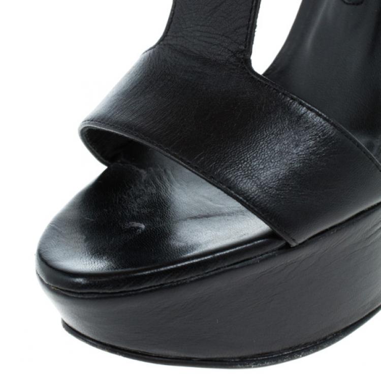 Pre Owned Gina Black Leather Strappy Platform Sandals Size 38