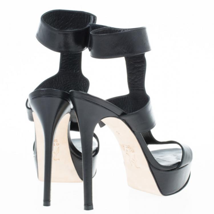 Pre Owned Gina Black Leather Strappy Platform Sandals Size 38