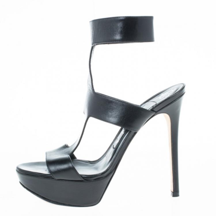 Pre Owned Gina Black Leather Strappy Platform Sandals Size 38