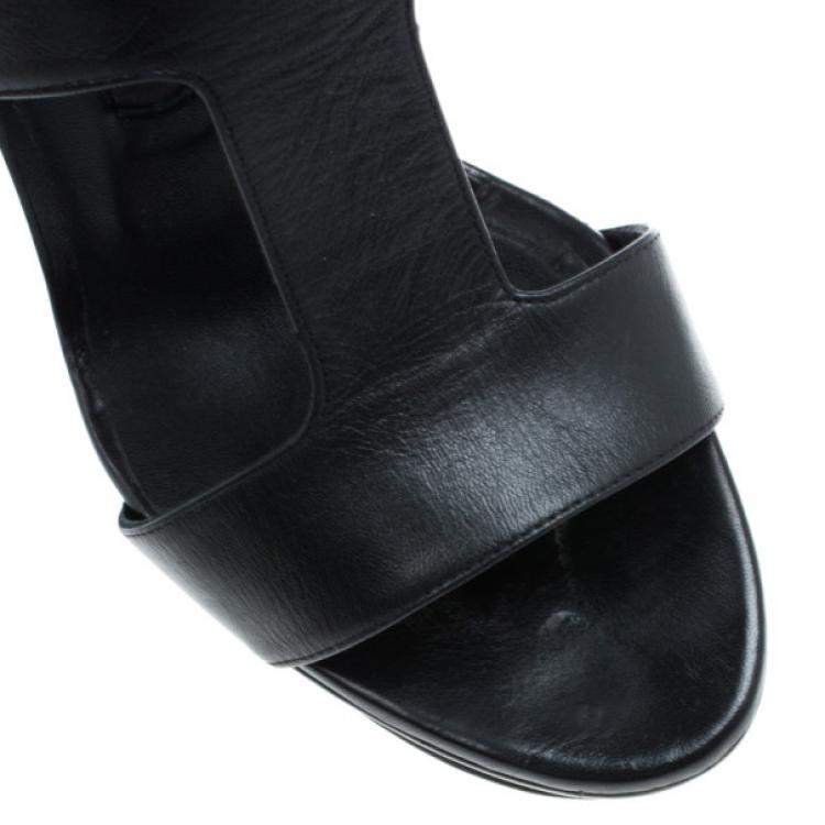 Pre Owned Gina Black Leather Strappy Platform Sandals Size 38