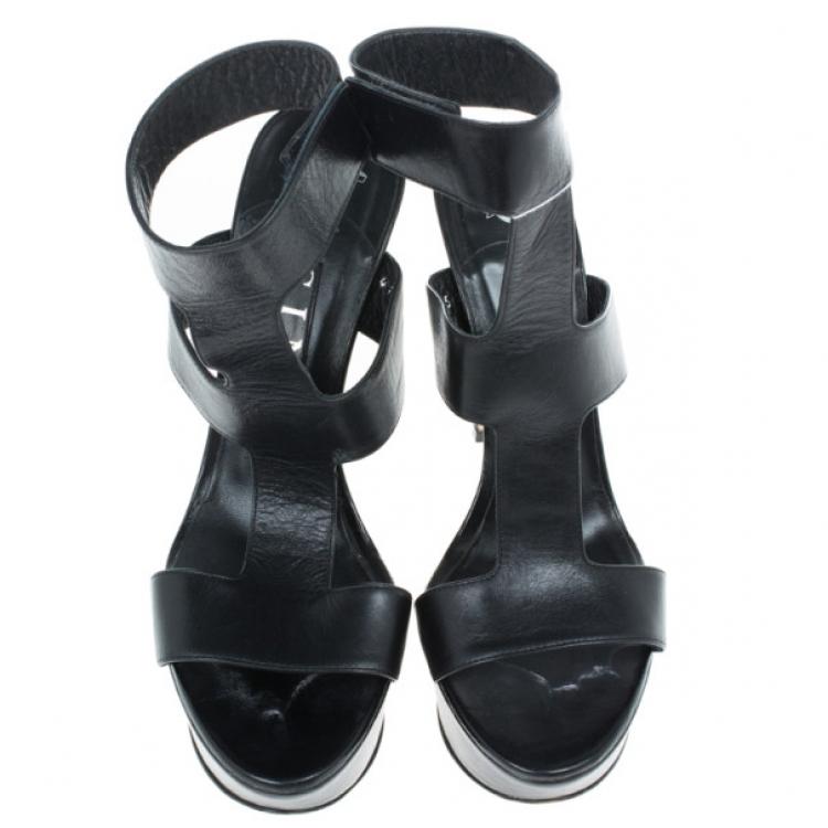 Pre Owned Gina Black Leather Strappy Platform Sandals Size 38
