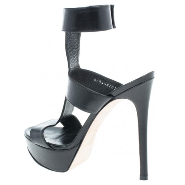 Pre Owned Gina Black Leather Strappy Platform Sandals Size 38