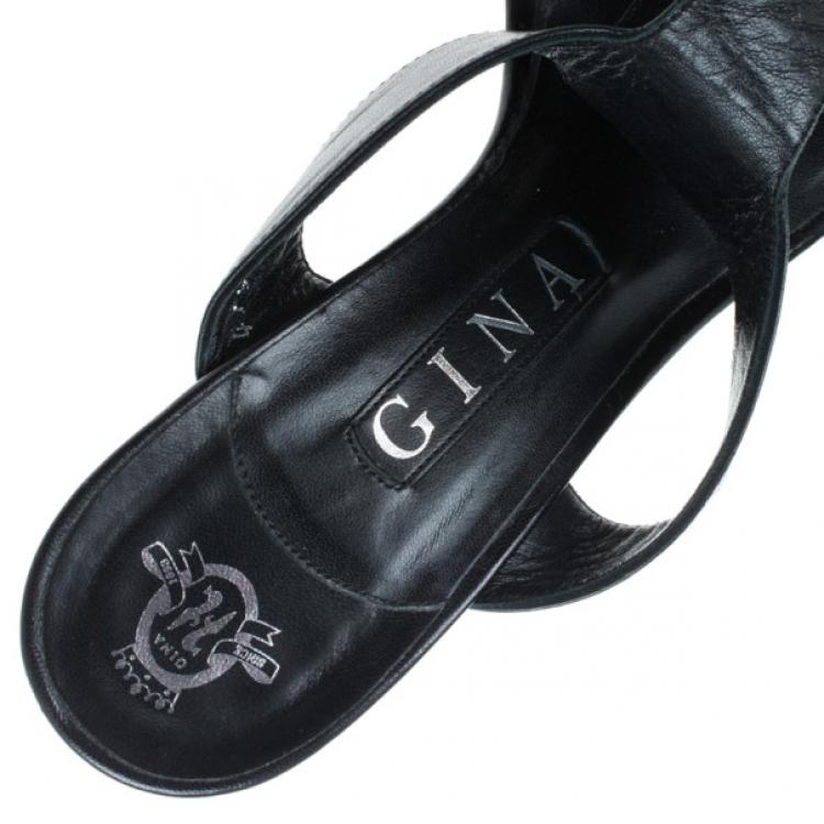 Pre Owned Gina Black Leather Strappy Platform Sandals Size 38