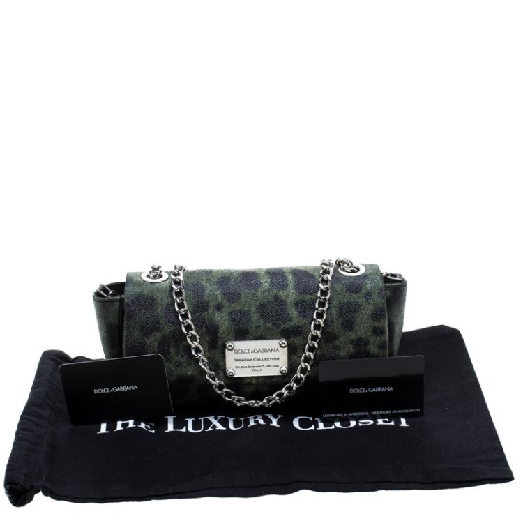 Pre Owned Dolce and Gabbana Green Leopard Print Coated Canvas Small Chain Shoulder Bag