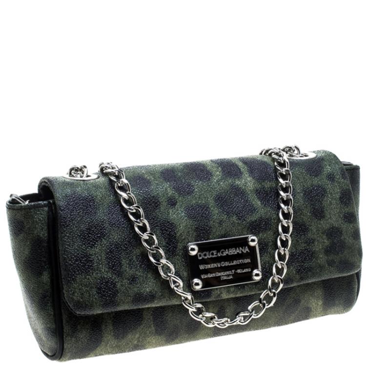Pre Owned Dolce and Gabbana Green Leopard Print Coated Canvas Small Chain Shoulder Bag
