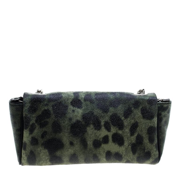 Pre Owned Dolce and Gabbana Green Leopard Print Coated Canvas Small Chain Shoulder Bag
