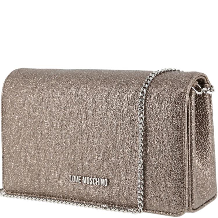 Pre Owned Love Mochino Metallic Grey Leather Chain Clutch Bag