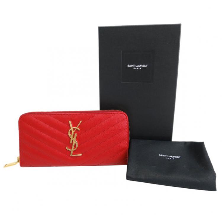 مملوكة مسبقًا Saint Laurent Red Leather Monogram Zip Around Wallet