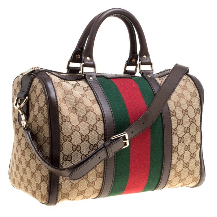 Pre Owned Gucci Brown/Beige GG Canvas Medium Vintage Web Boston Bag