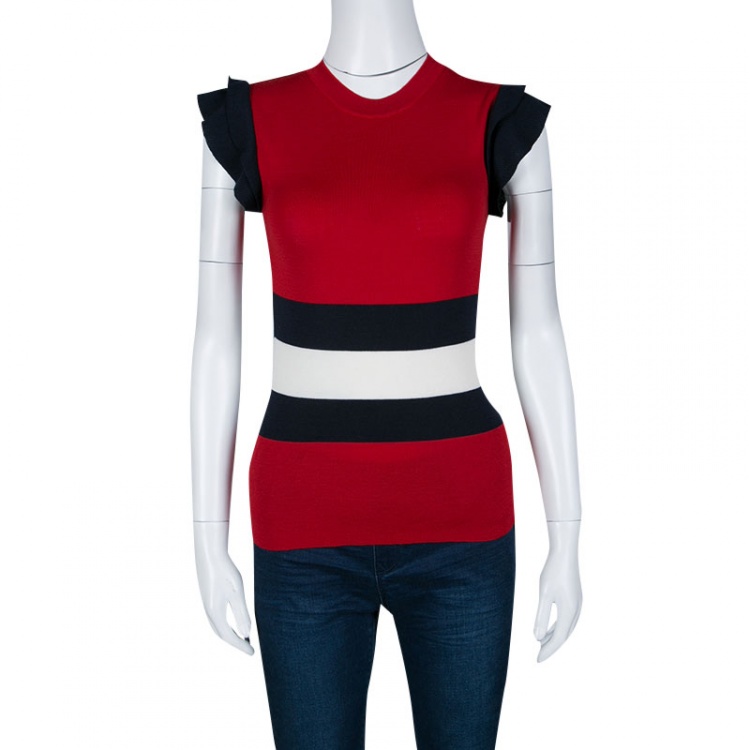 Pre Owned Gucci Red Stripe Detail Ruffled Sleeve Knit Top M
