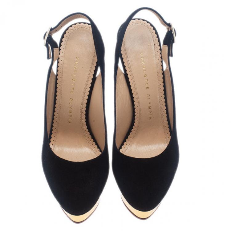 Pre Owned Charlotte Olympia Black Suede Dolly Platform Slingback Sandals Size 36.5