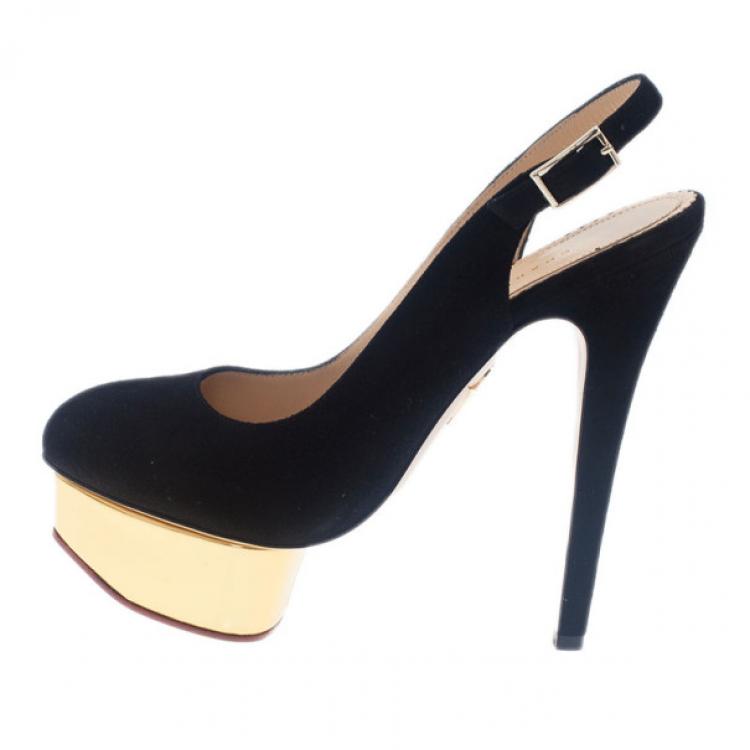 Pre Owned Charlotte Olympia Black Suede Dolly Platform Slingback Sandals Size 36.5