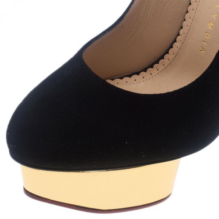 Pre Owned Charlotte Olympia Black Suede Dolly Platform Slingback Sandals Size 36.5