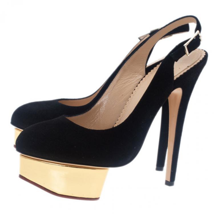 Pre Owned Charlotte Olympia Black Suede Dolly Platform Slingback Sandals Size 36.5